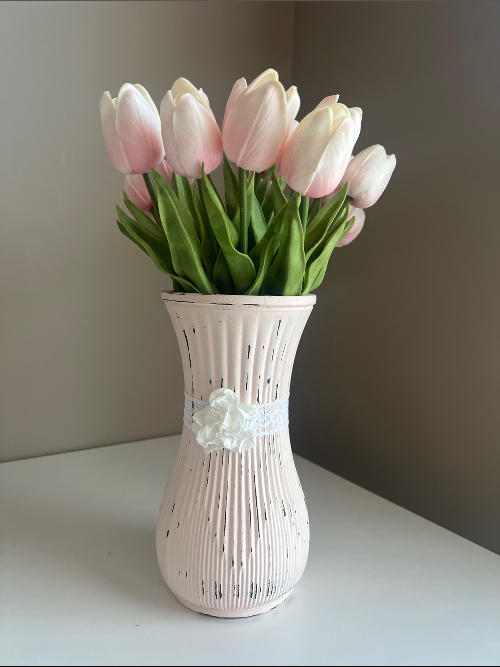 Pink Tulip Vase with Lace Flower Accent - COMES WITH FAUX TULIPS!